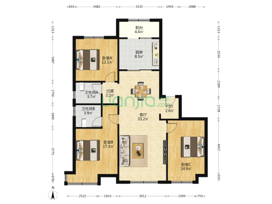 保利天悦悦璟 3室1厅2卫 142平方