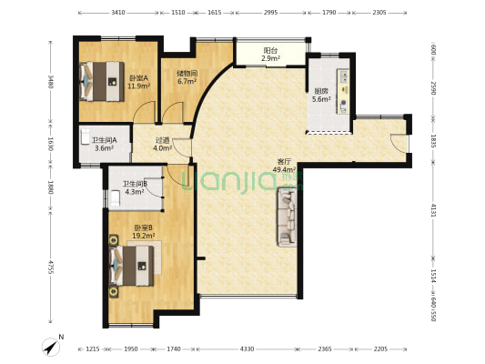 长江鑫都B区 2室1厅2卫 134平方