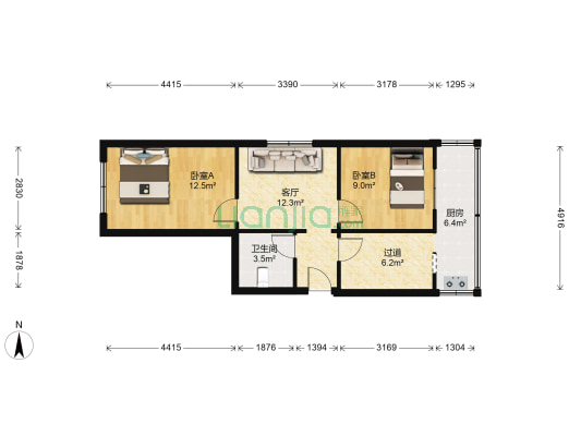金二小学南 2室1厅1卫 61平方
