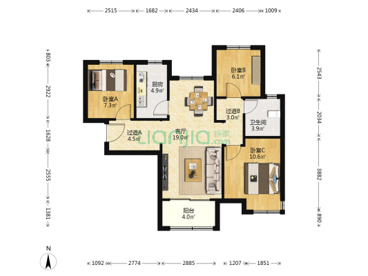 招商正荣东望府 3室1厅1卫 84平方