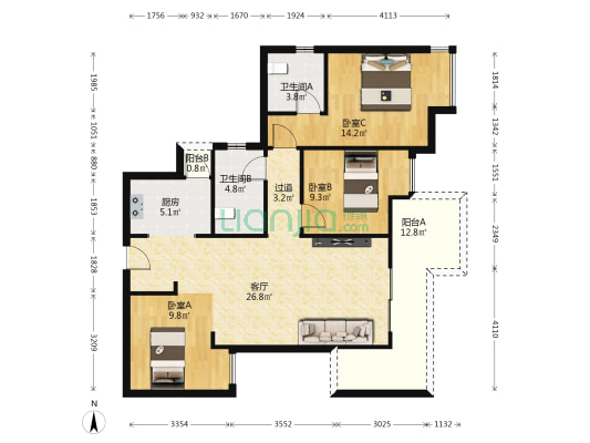 高品质住宅，楼层好，采光充足，视野宽阔，户型方正-户型图