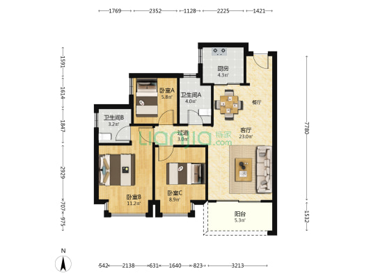 建鼎·源悦 3室1厅2卫 92平方
