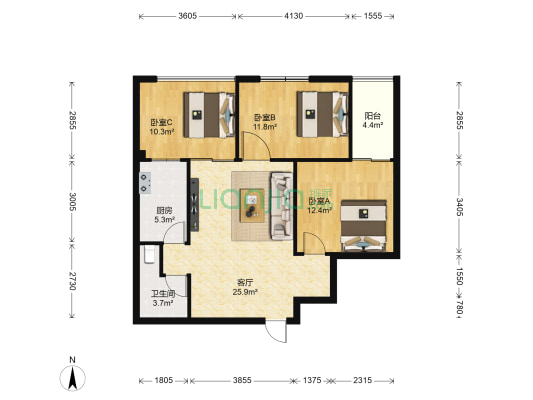 滨海阳光 3室1厅1卫 89平方