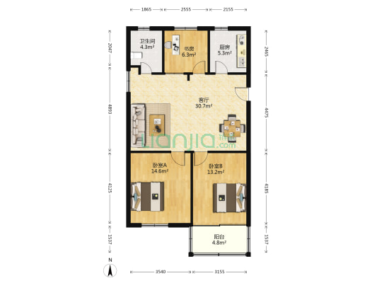 江南新城西区 3室1厅1卫 97平方