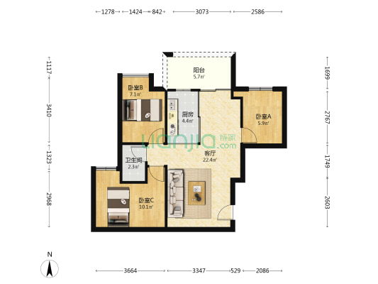 彩云居 3室1厅1卫 74平方