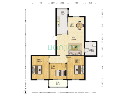 朱方花苑 3室2厅1卫 114平方