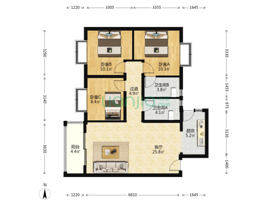 龙潭湾广场 3室1厅2卫 99平方