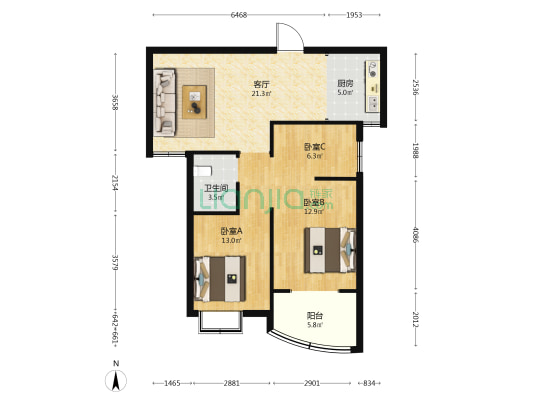九里现代城 3室1厅1卫 75平方
