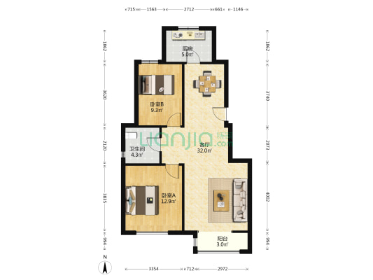 天房泊玺苑 2室1厅1卫 94平方