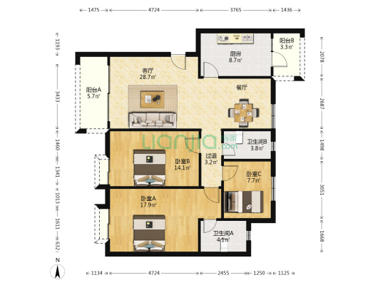 荣华居 3室1厅2卫 112平方