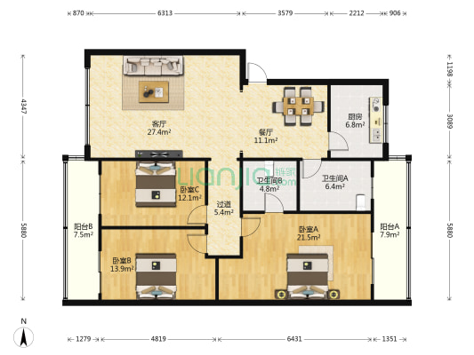 信江公寓 3室2厅2卫 143平方