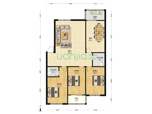 阳光小区 3室2厅2卫 148平方