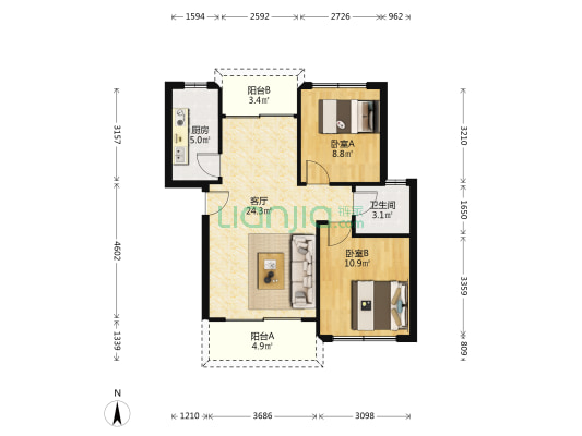 城北风景苑西区 2室1厅1卫 72平方
