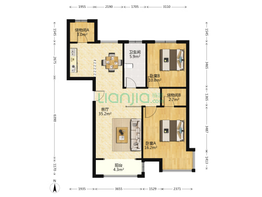 锦绣河山 2室1厅1卫 111平方