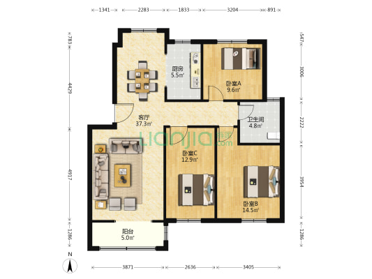 砖井花园 3室1厅1卫 113平方