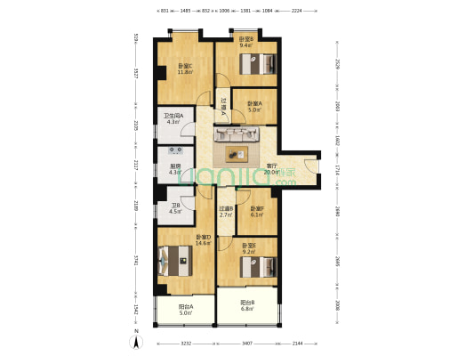 东洲大厦 6室1厅2卫 134平方