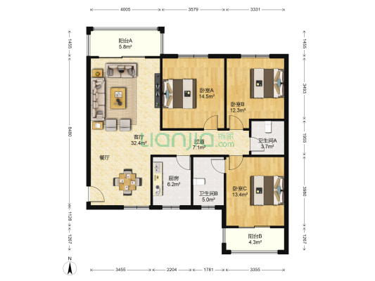 桂花苑 3室1厅2卫 136平方