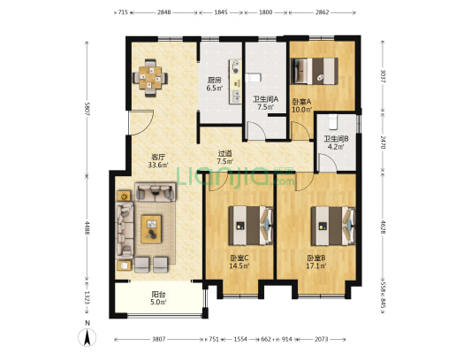 中车国际广场三期 3室1厅2卫 145平方