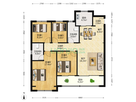 幸福里 4室2厅2卫 127平方