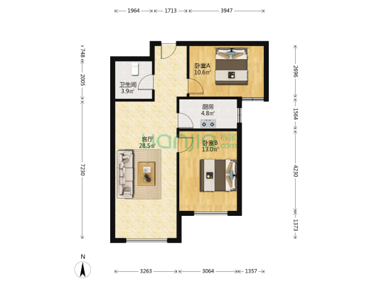 K2狮子城北区 2室1厅 南-户型图