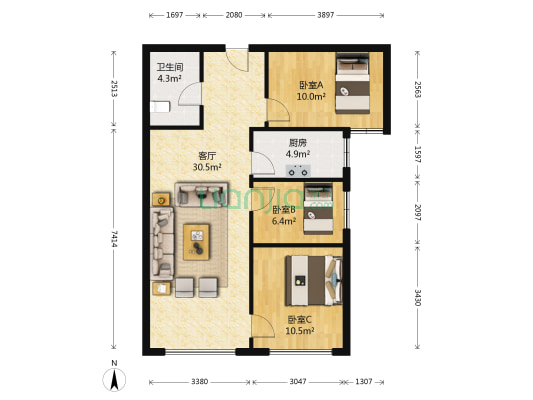 鸿坤理想湾北区 3室1厅 南-户型图