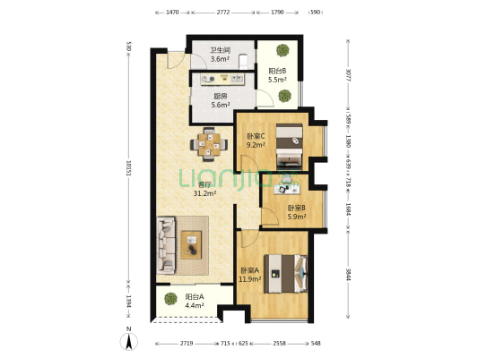 绿地·国际花都 3室1厅1卫 84平方
