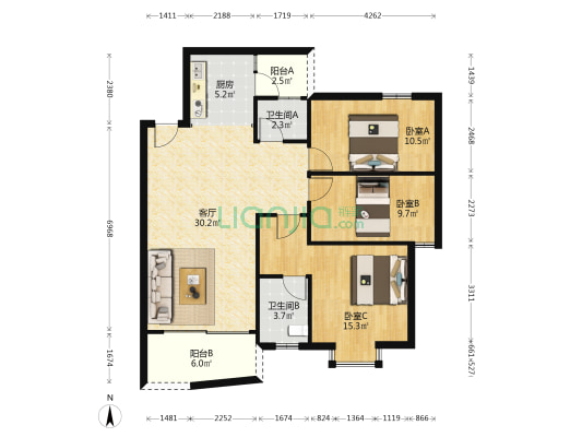 隆盛花园 3室1厅2卫 102平方
