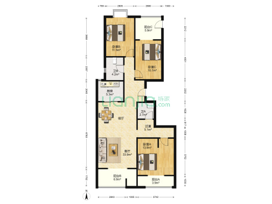 常春藤花园 3室1厅2卫 136平方