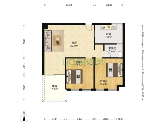 红谷现代城 2室1厅1卫 88平方
