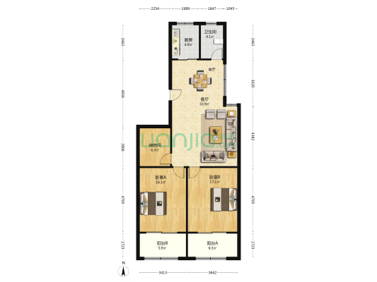 机场南路1号 2室1厅1卫 117平方