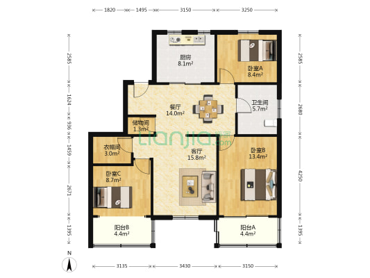 青年路小区 3室2厅1卫 108平方