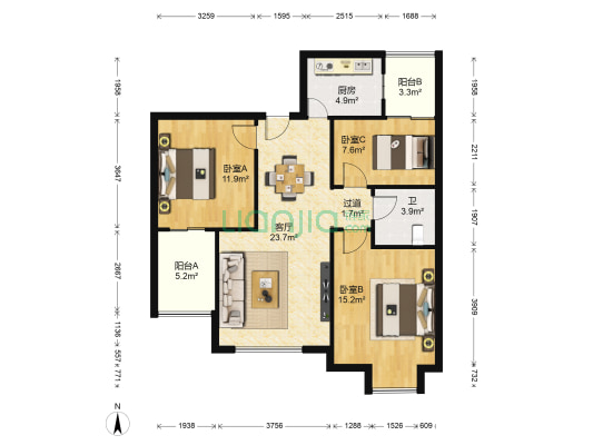大华曲江公园世家三期 3室1厅1卫 90平方