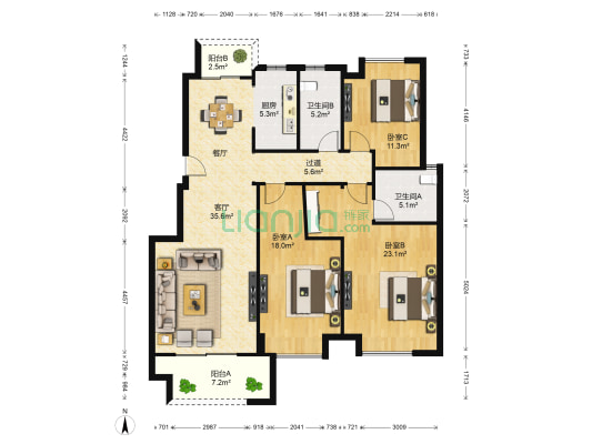 海域香庭三期 3室1厅2卫 128平方