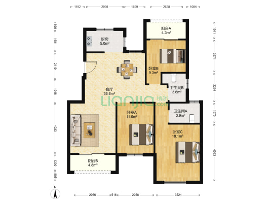 滨江科技创新中心花园 3室1厅2卫 109平方