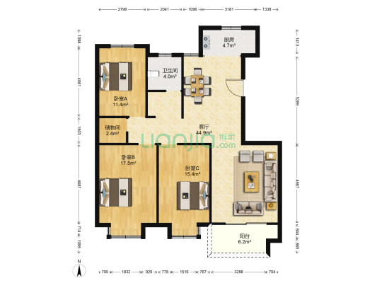 柳青花园 3室1厅1卫 134平方