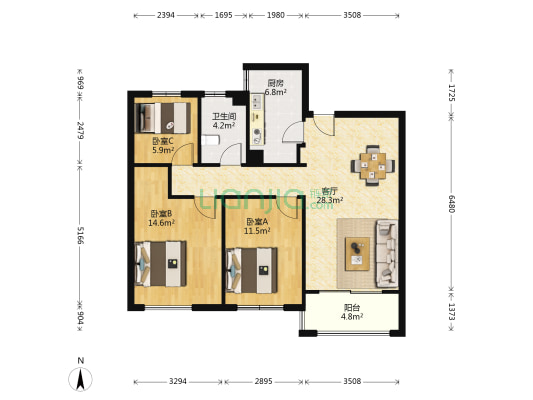 港龙香江华庭 3室1厅1卫 90平方