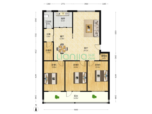 粮贸家属楼 3室2厅1卫 130平方