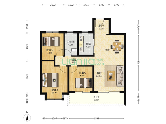 翡翠文华E区 3室1厅1卫 106平方