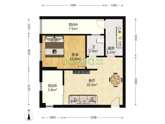 山水华景 1室1厅1卫 63平方