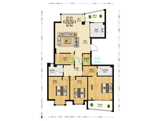 红星花园 4室2厅2卫 166平方