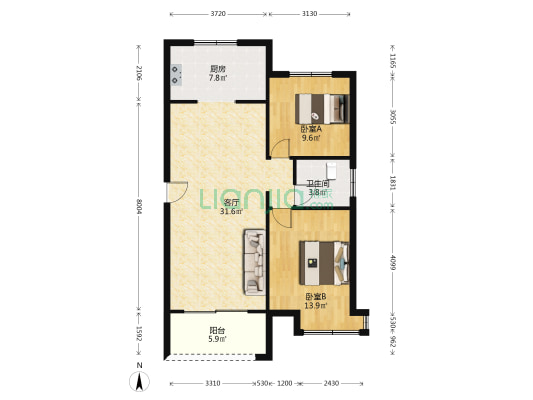 巴黎花园 2室1厅1卫 90平方