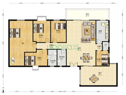 幸福家园 4室2厅3卫 250平方