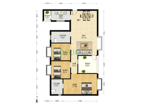 博欣天籁郡 3室1厅2卫 124平方