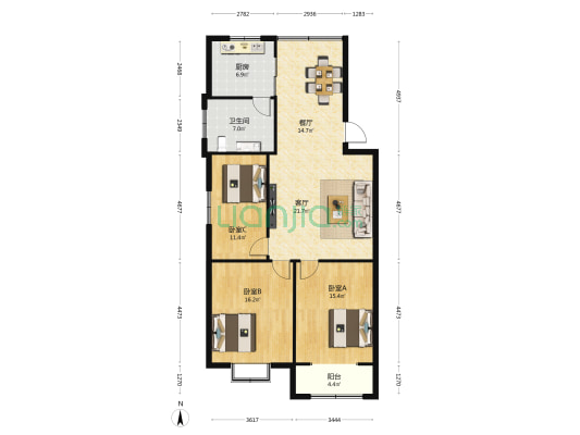 金山公寓 3室2厅1卫 116平方