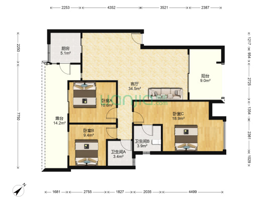 万科四季花城紫荆苑 3室1厅2卫 107平方