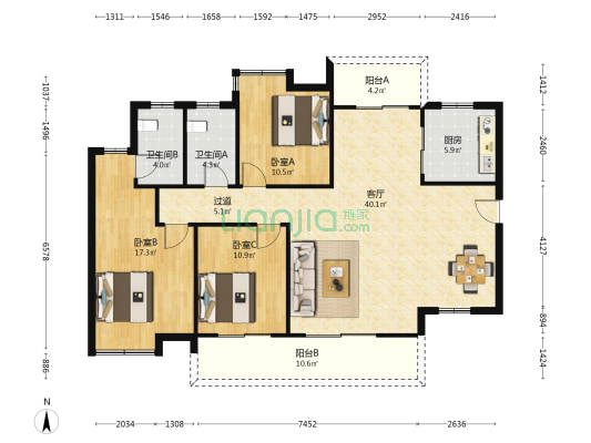 金晟年华 3室1厅2卫 141平方