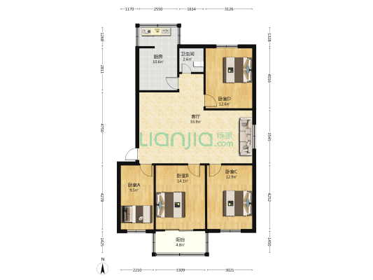 乡镇企业局住宅楼 4室1厅1卫 117平方