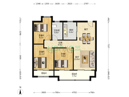 汇昌雍锦翰棠 3室1厅1卫 97平方