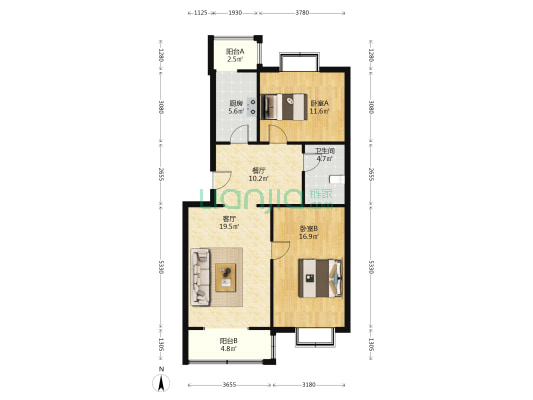 鹏润四季花园 2室2厅 南 北-户型图