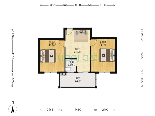 秦岭路25号院 2室1厅1卫 57平方